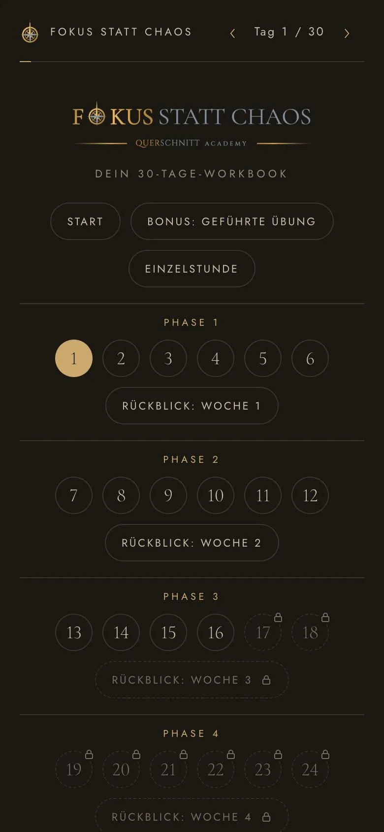 App Fokus statt Chaos am Handy: Übersicht mit Tag 1 von 30, fünf Phasen mit je sechs Tagen, Wochenrückblicken und noch gesperrten Tagen