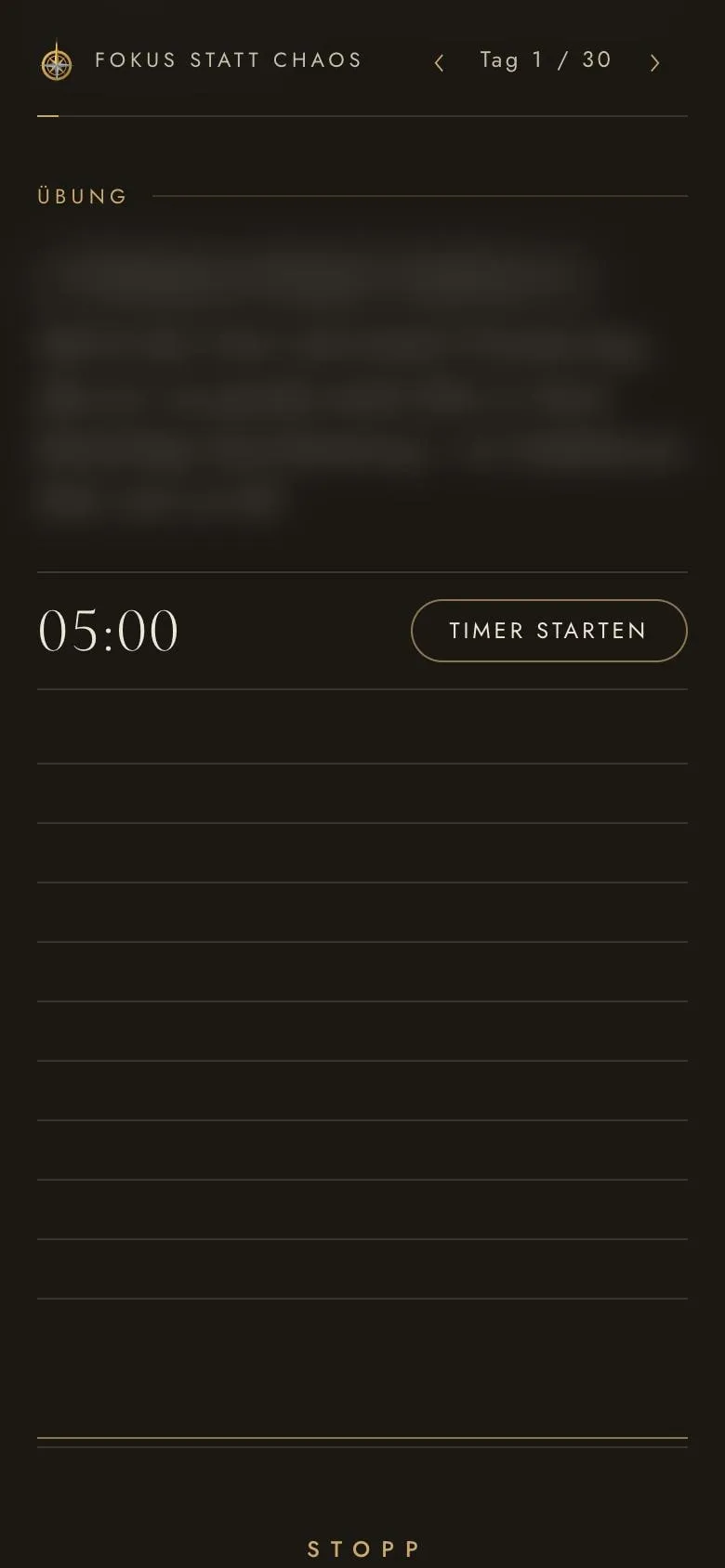 App Fokus statt Chaos: Übung mit 5-Minuten-Timer und Zeilen zum Schreiben, die Anleitung ist unscharf