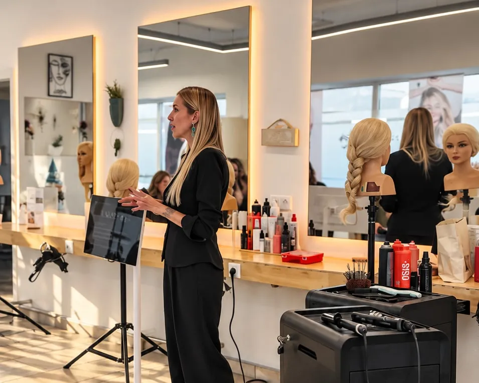 Friseurmeisterin Jasmin Werner erklärt im Steckseminar, im Hintergrund Übungsköpfe mit geflochtenen und gesteckten Frisuren