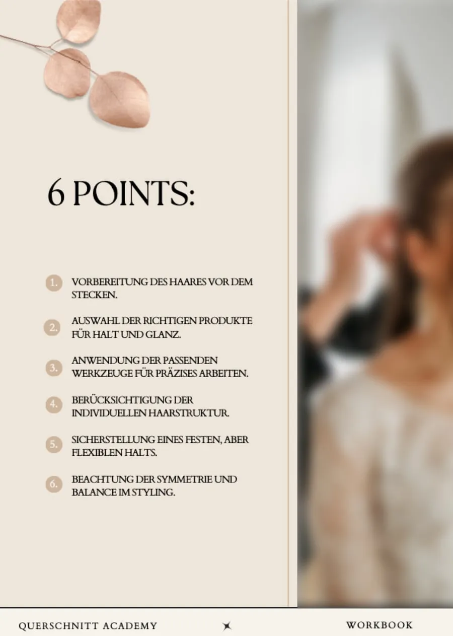 Workbook-Seite „6 Points“ mit sechs nummerierten Grundlagen fürs Hochstecken, daneben ein Foto vom Stecken einer Brautfrisur