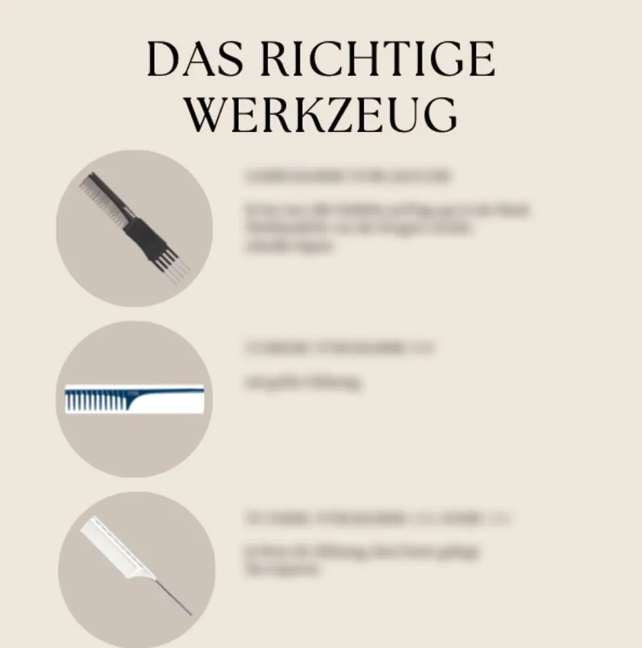 Workbook-Seite „Das richtige Werkzeug“ mit Abbildungen von Gabelkamm und Stielkämmen, Beschreibungen unscharf